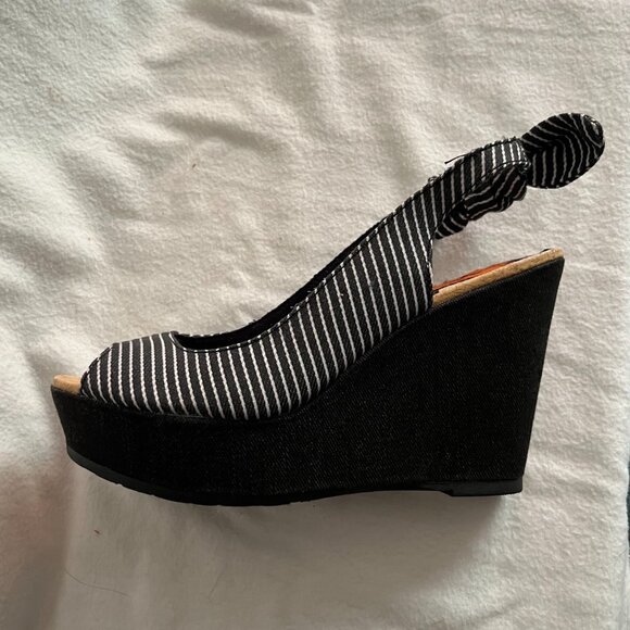 Rocketdog Black/White Stripe Black Denim Wedge Sandals - Picture 2 of 9